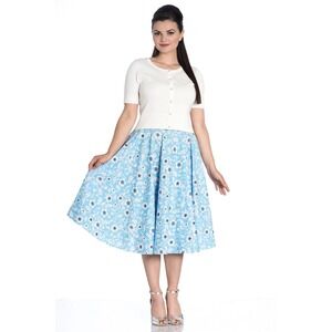 HELL‎ BUNNY Sz S Daphne Rockabilly Swing Day Tea Skirt Floral Blue White Black